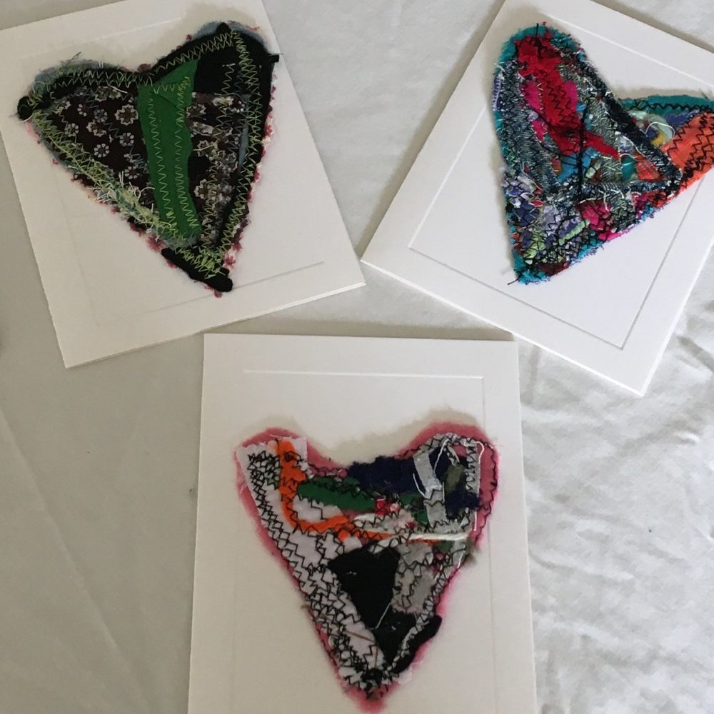 Handcrafted one of a kind upcycled fabric hearts blank card set with envelopes